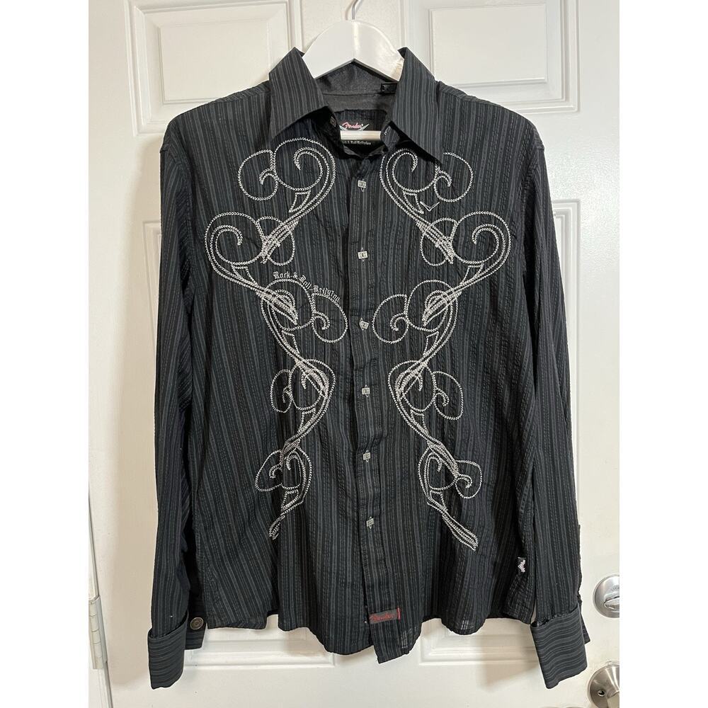 Fender Rock Roll Religion Embroidered Shirt Men L Black Cross Western